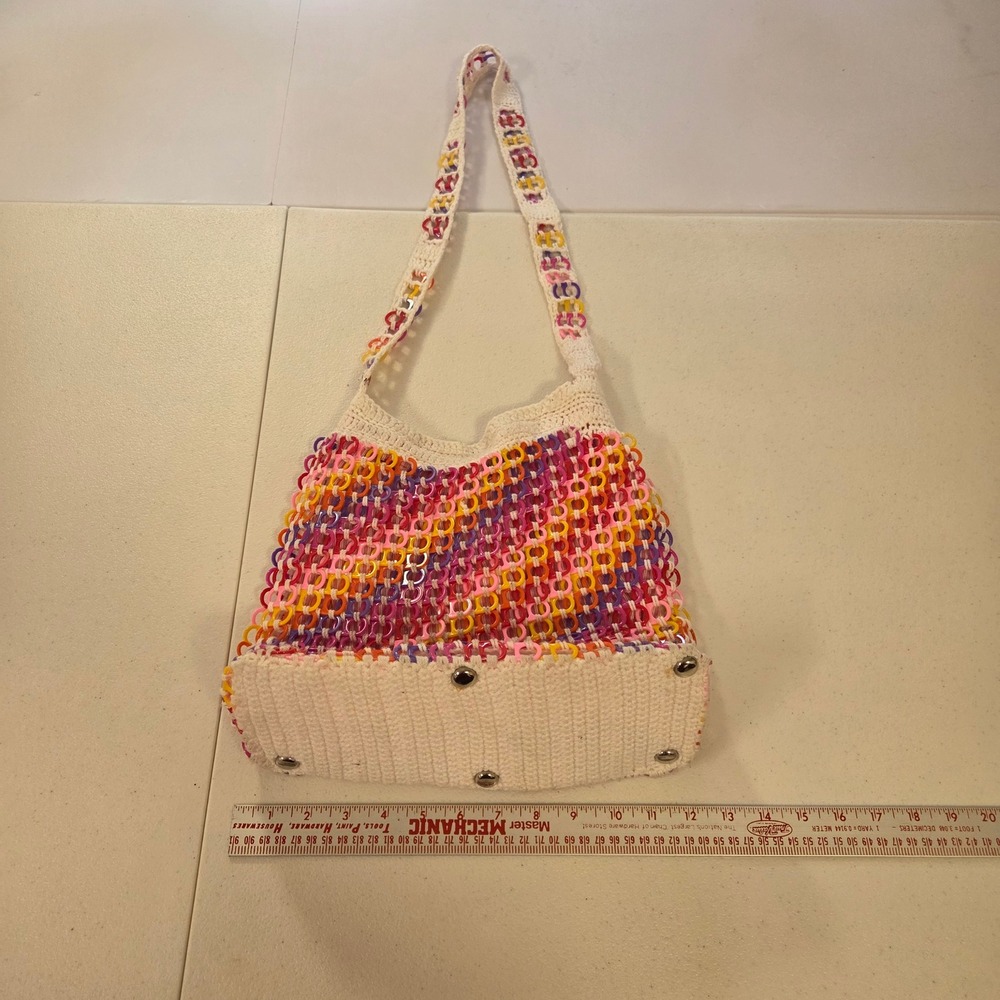 Handmade Crochet Soda Tab Shoulder Bag Multi Color Pop Top Boho Purse White Pink